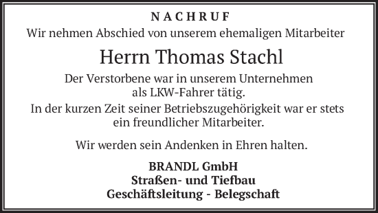 Todesanzeige von Thomas Stachl von merkurtz