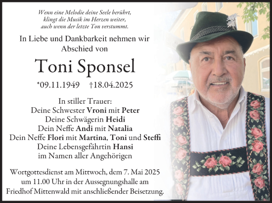 Todesanzeige von Toni Sponsel von merkurtz