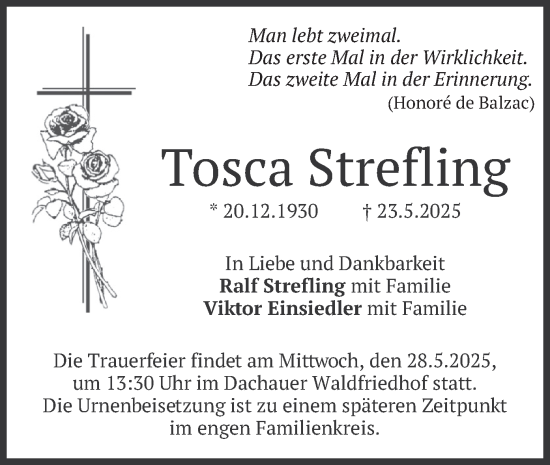 Todesanzeige von Tosca Strefling von merkurtz