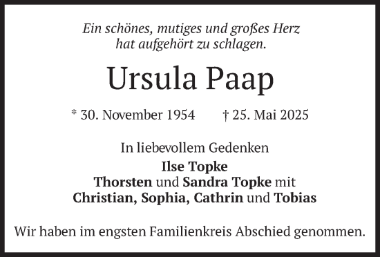 Todesanzeige von Ursula Paap von merkurtz
