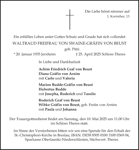 Todesanzeige von Waltraud Freifrau von Swaine-Gräfin von Beust von merkurtz