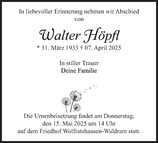 Todesanzeige von Waltraud Höpfl von merkurtz