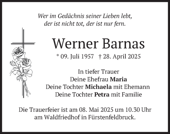 Todesanzeige von Werner Barnas von merkurtz