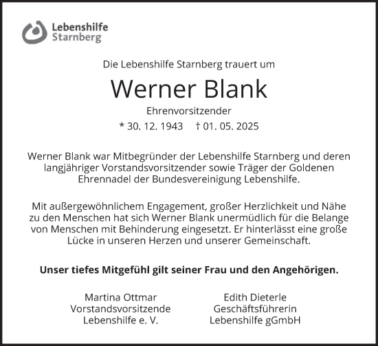 Todesanzeige von Werner Blank von merkurtz