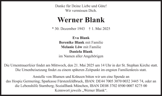 Todesanzeige von Werner Blank von merkurtz