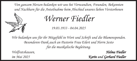 Todesanzeige von Werner Fiedler von merkurtz