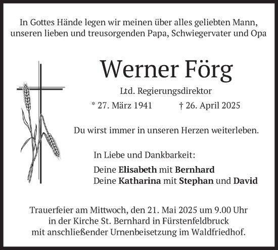 Todesanzeige von Werner Förg von merkurtz