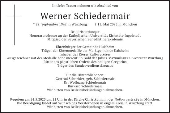 Todesanzeige von Werner Schiedermair von merkurtz