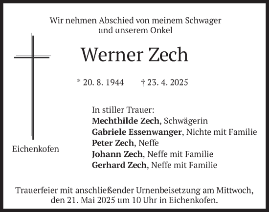 Todesanzeige von Werner Zech von merkurtz