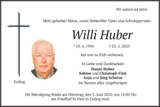 Todesanzeige von Willi Huber von merkurtz