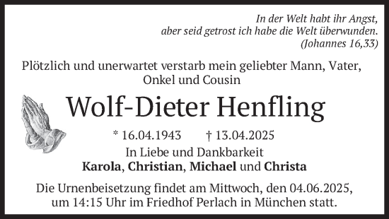Todesanzeige von Wolf-Dieter Henfling von merkurtz