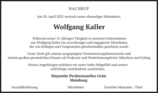 Todesanzeige von Wolfgang Kaller von merkurtz