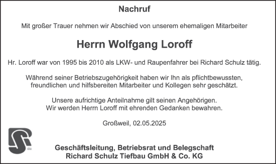 Todesanzeige von Wolfgang Loroff von merkurtz