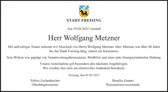 Todesanzeige von Wolfgang Metzner von merkurtz