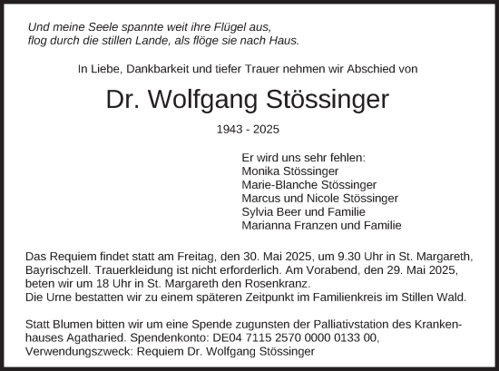 Todesanzeige von Wolfgang Stössinger von merkurtz