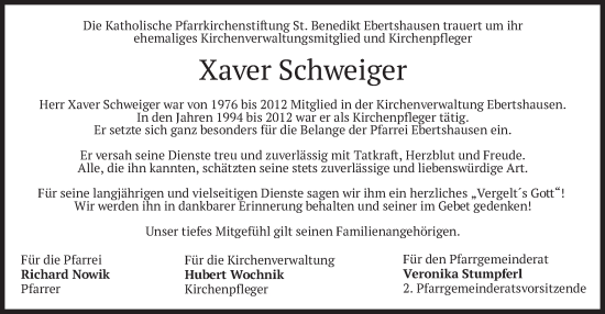 Todesanzeige von Xaver Schweiger von merkurtz