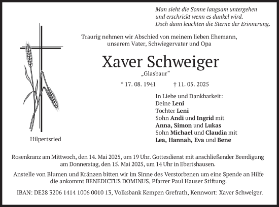 Todesanzeige von Xaver Schweiger von merkurtz