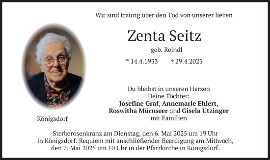 Todesanzeige von Zenta Seitz von merkurtz