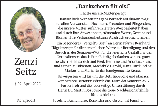 Todesanzeige von Zenzi Seitz von merkurtz