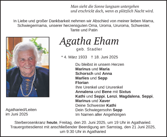 Todesanzeige von Agatha Eham von merkurtz