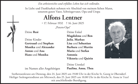 Todesanzeige von Alfons Lentner von merkurtz