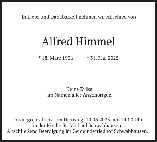 Todesanzeige von Alfred Himmel von merkurtz