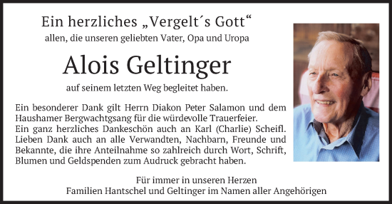 Todesanzeige von Alois Geltinger von merkurtz