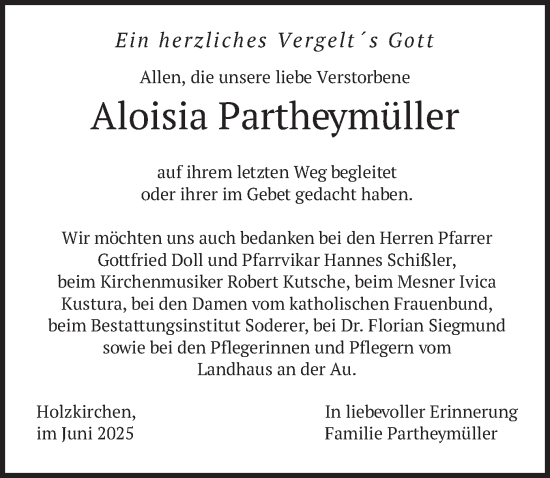 Todesanzeige von Aloisia Partheymüller von merkurtz