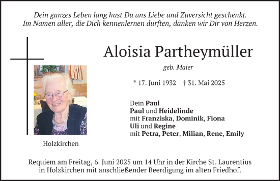Todesanzeige von Aloisia Partheymüller von merkurtz