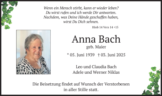 Todesanzeige von Anna Bach von merkurtz