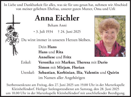 Todesanzeige von Anna Eichler von merkurtz