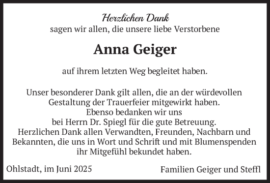 Todesanzeige von Anna Geiger von merkurtz