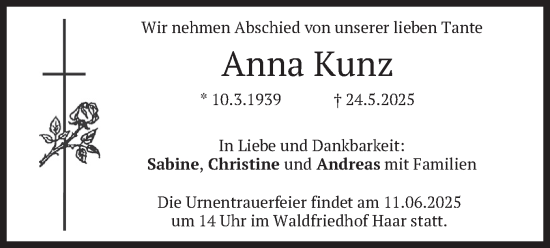 Todesanzeige von Anna Kunz von merkurtz