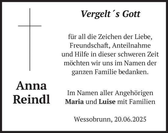 Todesanzeige von Anna Reindl von merkurtz