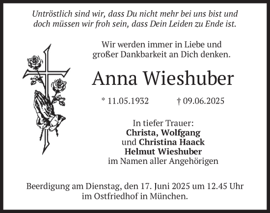 Todesanzeige von Anna Wieshuber von merkurtz