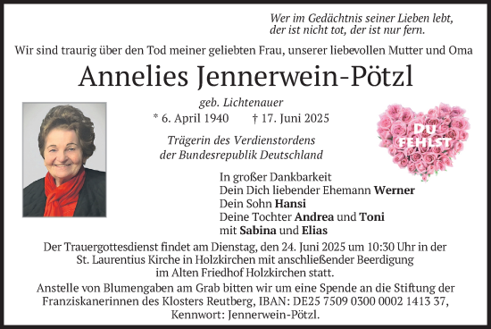 Todesanzeige von Annelies Jennerwein-Pötzl von merkurtz
