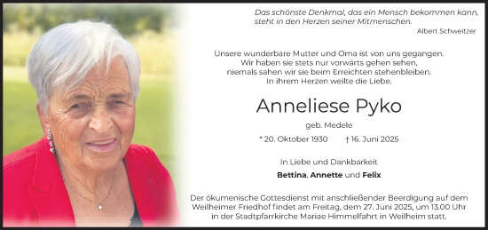 Todesanzeige von Anneliese Pyko von merkurtz
