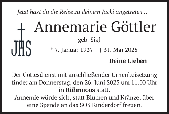 Todesanzeige von Annemarie Göttler von merkurtz