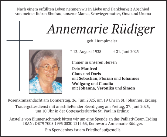 Todesanzeige von Annemarie Rüdiger von merkurtz