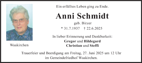 Todesanzeige von Anni Schmidt von merkurtz