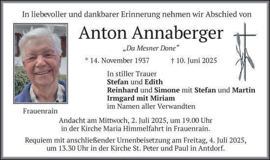 Todesanzeige von Anton Annaberger von merkurtz