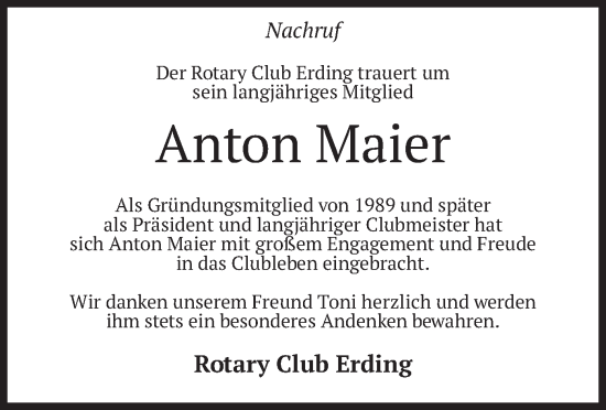 Todesanzeige von Anton Maier von merkurtz