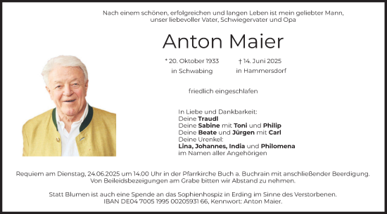 Todesanzeige von Anton Maier von merkurtz