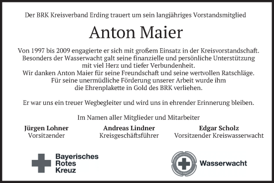 Todesanzeige von Anton Maier von merkurtz