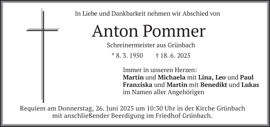 Todesanzeige von Anton Pommer von merkurtz