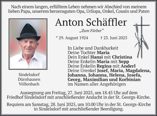 Todesanzeige von Anton Schäffler von merkurtz