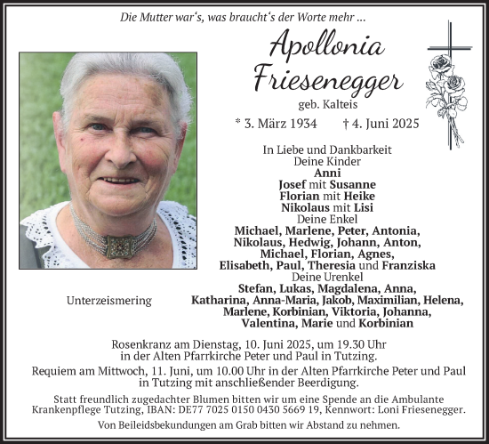 Todesanzeige von Apollonia Friesenegger von merkurtz