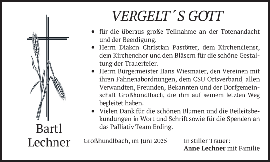Todesanzeige von Bartl Lechner von merkurtz