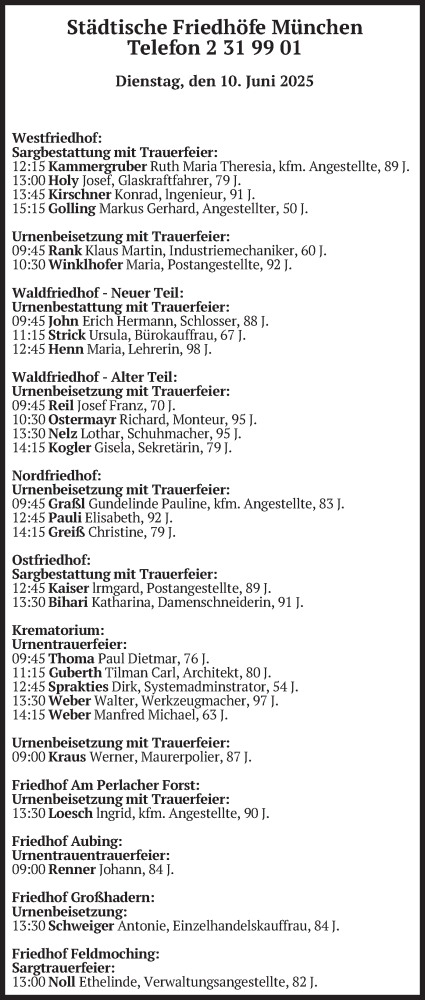 Todesanzeige von Beerdigungen vom 10.06.2025 von merkurtz