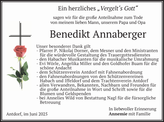 Todesanzeige von Benedikt Annaberger von merkurtz